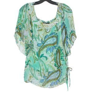 INC Top Silk Sheer Y2K Boho Cottage Coastal Grandma Square Neck Paisley Green 2